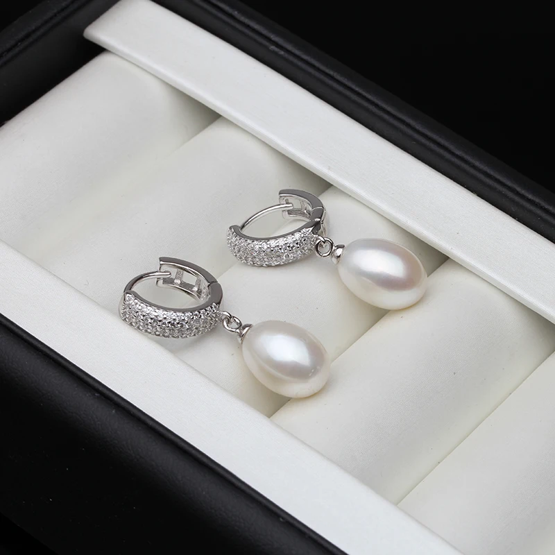 Top Quality 925 Silver Earrings with Natural Pearls Women, Precious Stone Bridal White Hanging Hoop Pearl Earrings Girl Jewelry