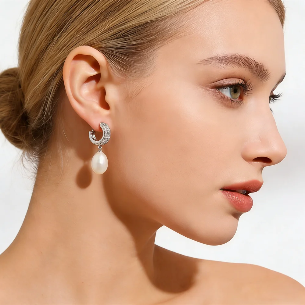 Top Quality 925 Silver Earrings with Natural Pearls Women, Precious Stone Bridal White Hanging Hoop Pearl Earrings Girl Jewelry