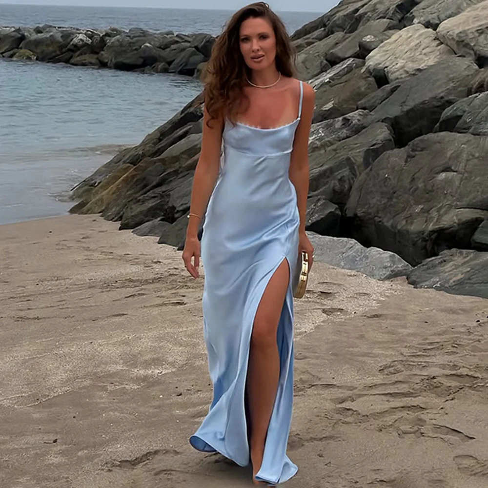 Talenza Elegant Satin Dress Women's Sexy Backless Lace Patchwork Lace-up Summer Dress Fashion Luxury Ladies Party Evening Dress