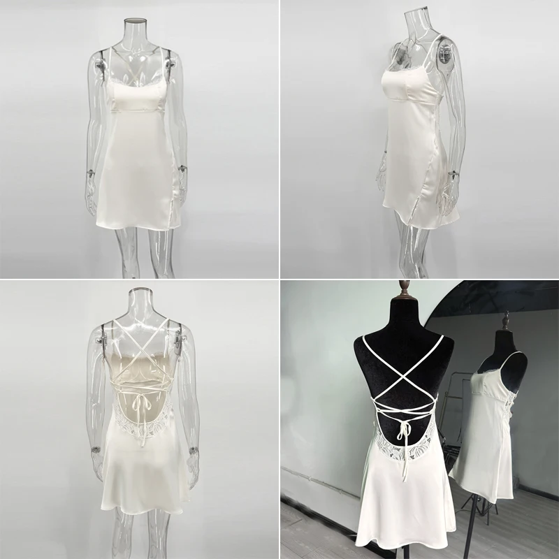 Talenza Elegant Satin Dress Women's Sexy Backless Lace Patchwork Lace-up Summer Dress Fashion Luxury Ladies Party Evening Dress
