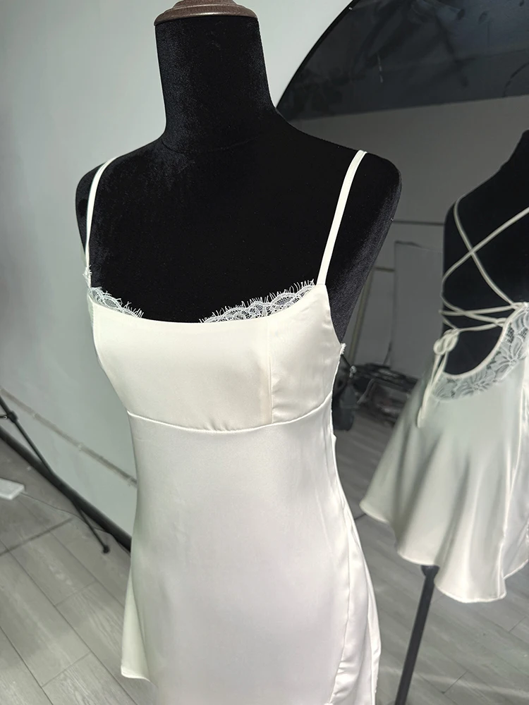 Talenza Elegant Satin Dress Women's Sexy Backless Lace Patchwork Lace-up Summer Dress Fashion Luxury Ladies Party Evening Dress