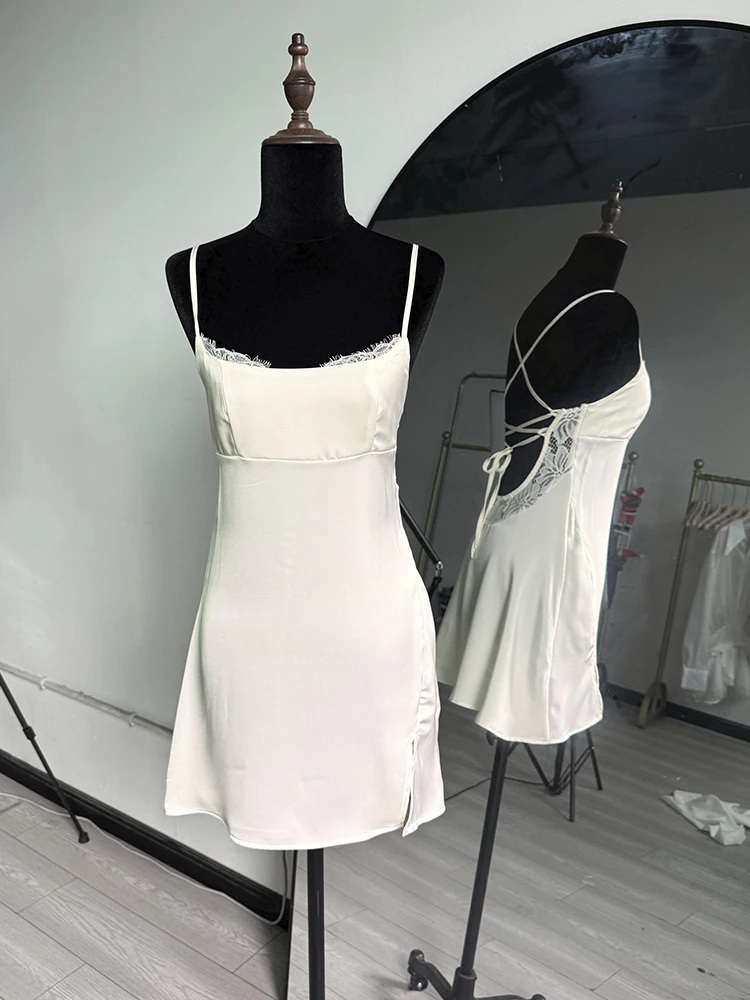 Talenza Elegant Satin Dress Women's Sexy Backless Lace Patchwork Lace-up Summer Dress Fashion Luxury Ladies Party Evening Dress