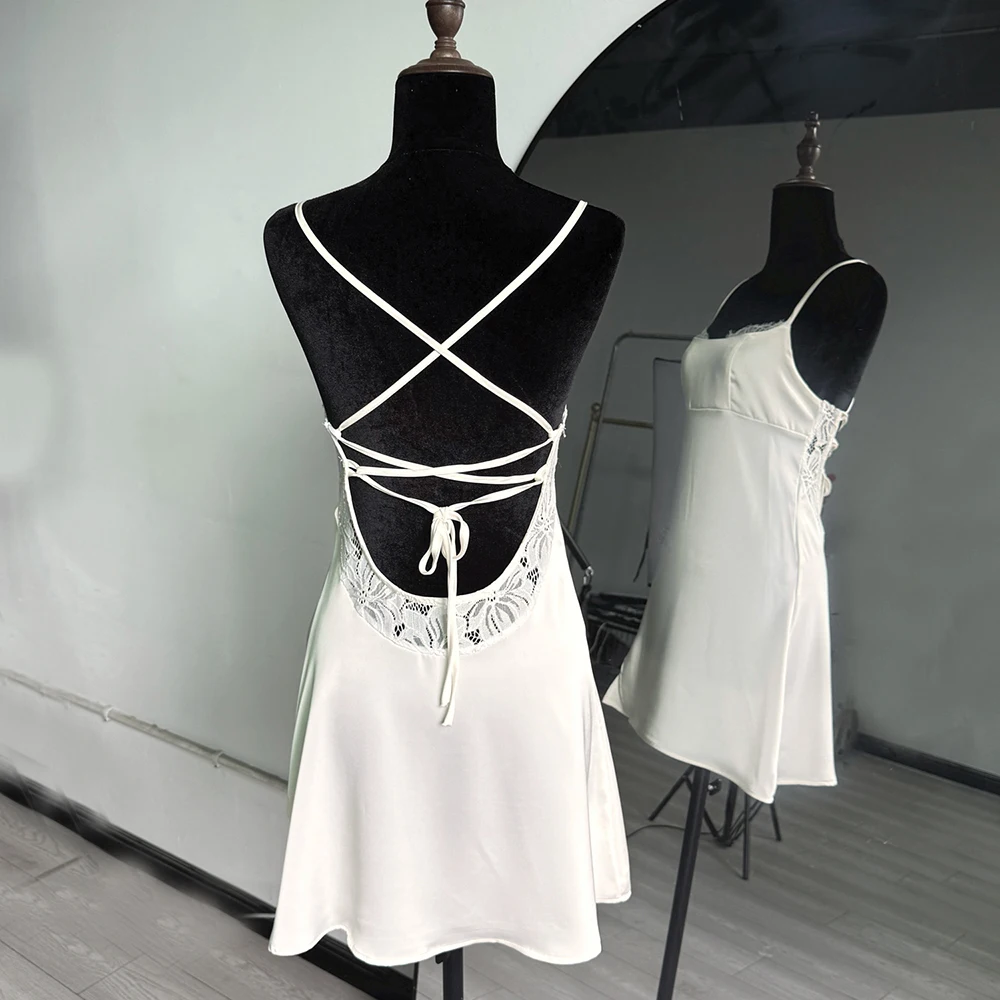 Talenza Elegant Satin Dress Women's Sexy Backless Lace Patchwork Lace-up Summer Dress Fashion Luxury Ladies Party Evening Dress