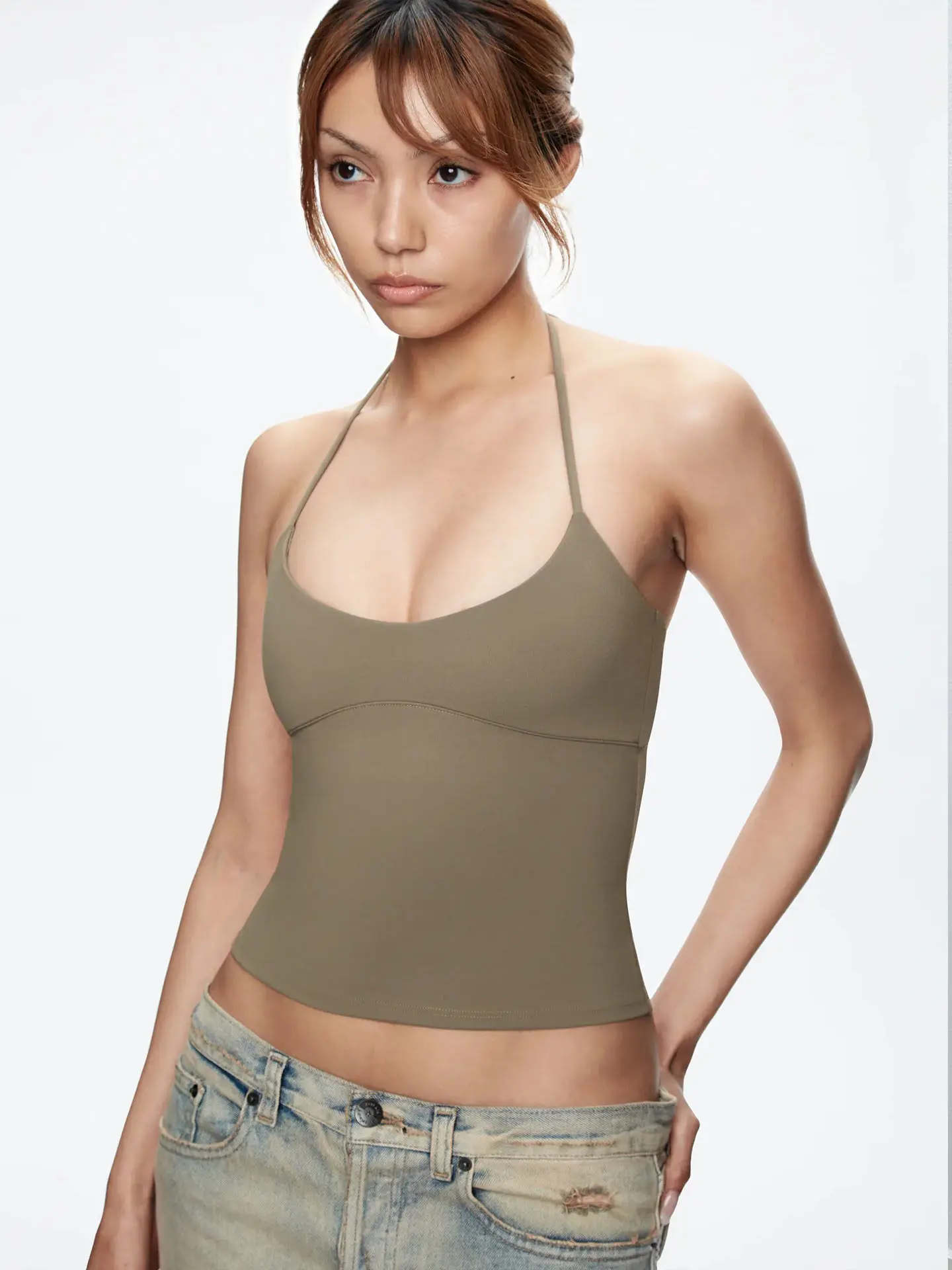 Tank Top with Multiple Colors and Tie Straps, Metal Accessories, Hollow Back Design, Slim Fit, Backless Top, Suitable for Layering or Wearing Alone, U-Neck Tank Top