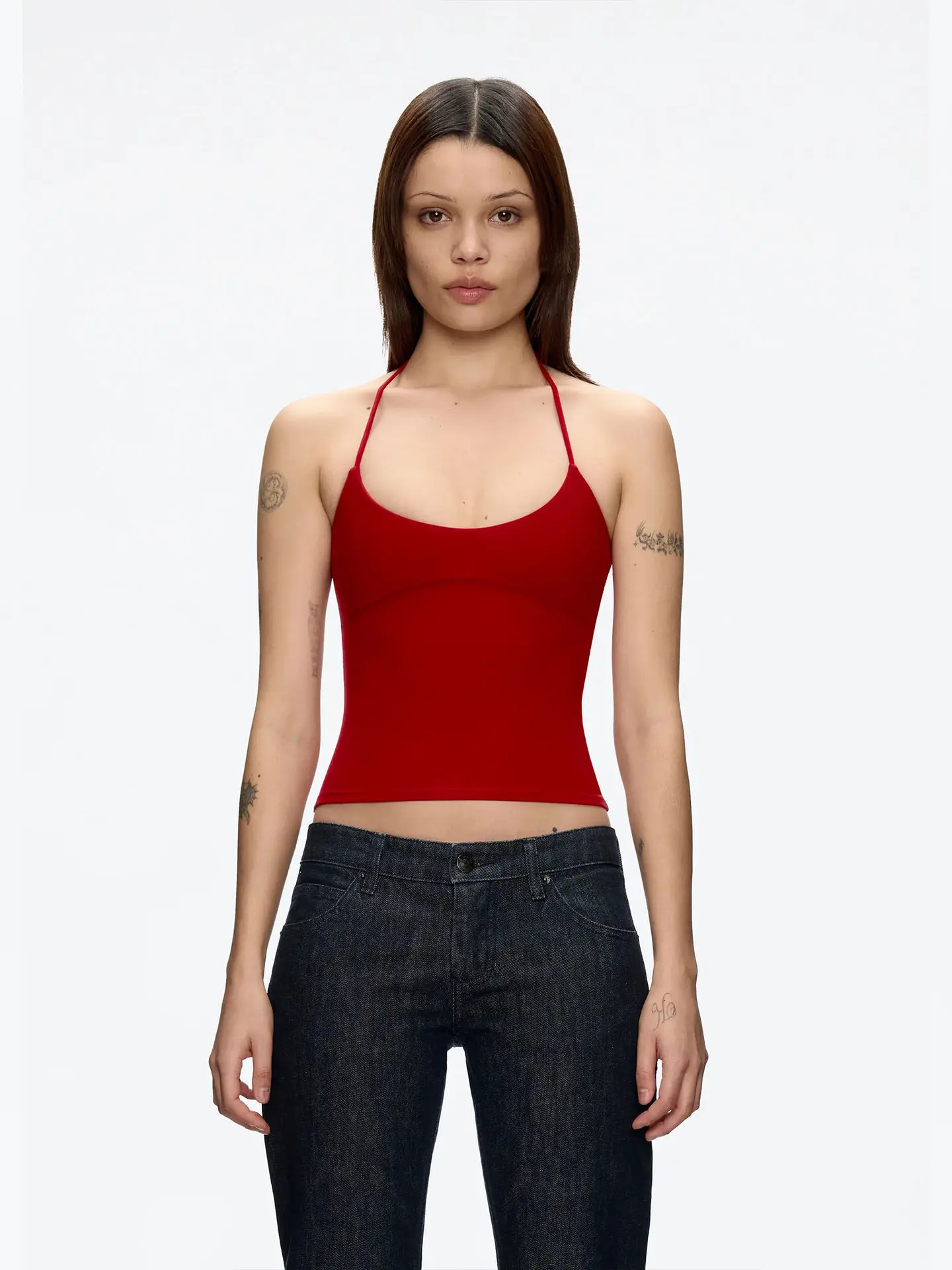 Tank Top with Multiple Colors and Tie Straps, Metal Accessories, Hollow Back Design, Slim Fit, Backless Top, Suitable for Layering or Wearing Alone, U-Neck Tank Top