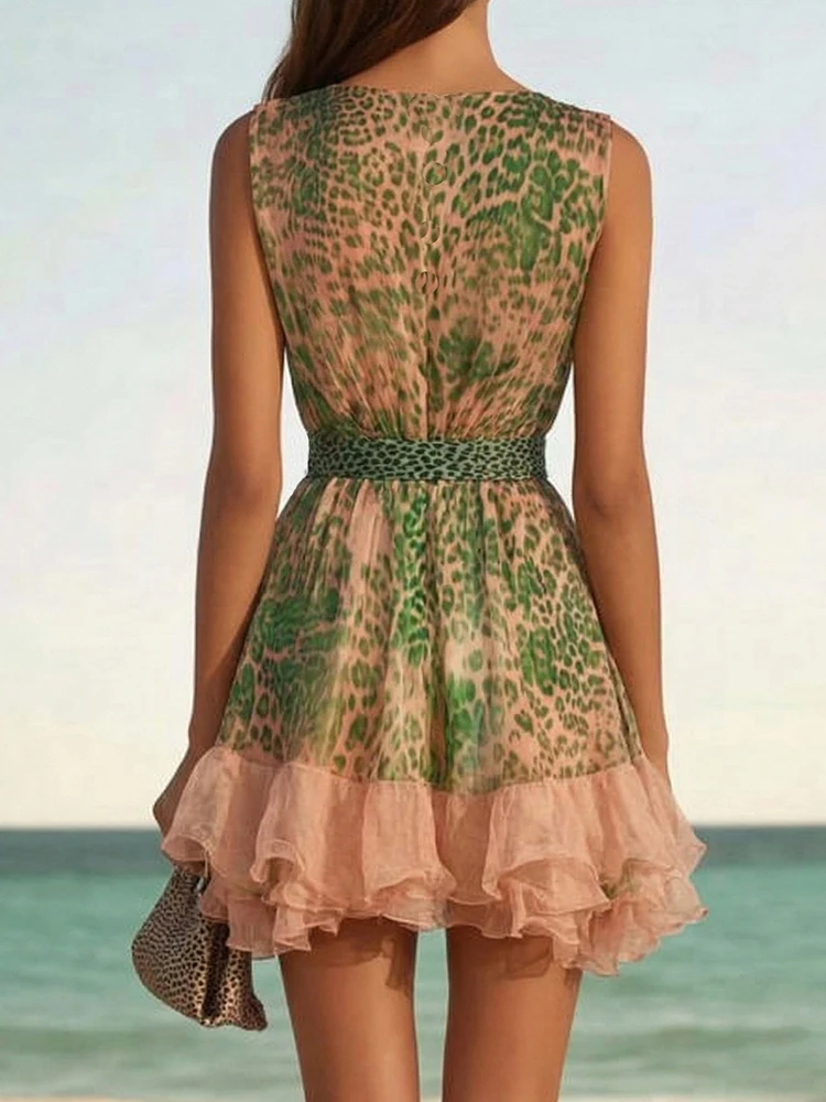 Deep V Neck Ruffles Patchwork Mini Dress Women Summer Sleeveless Holiday Fashion Elegant Print Sweet Ladies Party Dress Vestidos