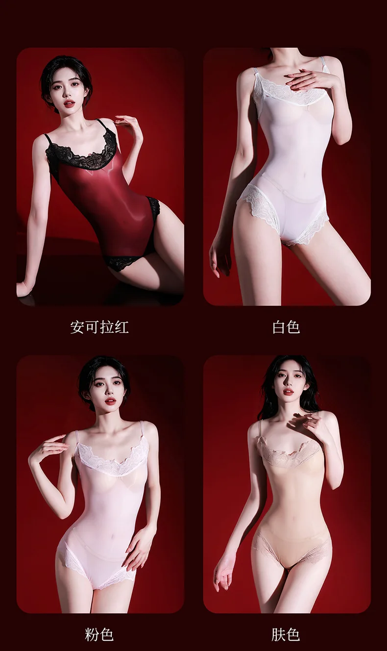 Patchwork Oil Shiny Glossy Bodysuit Tops Spaghetti Strap Lace Side Package Hip Tights Shaping Wear Woman Leotard Thin Playsuit