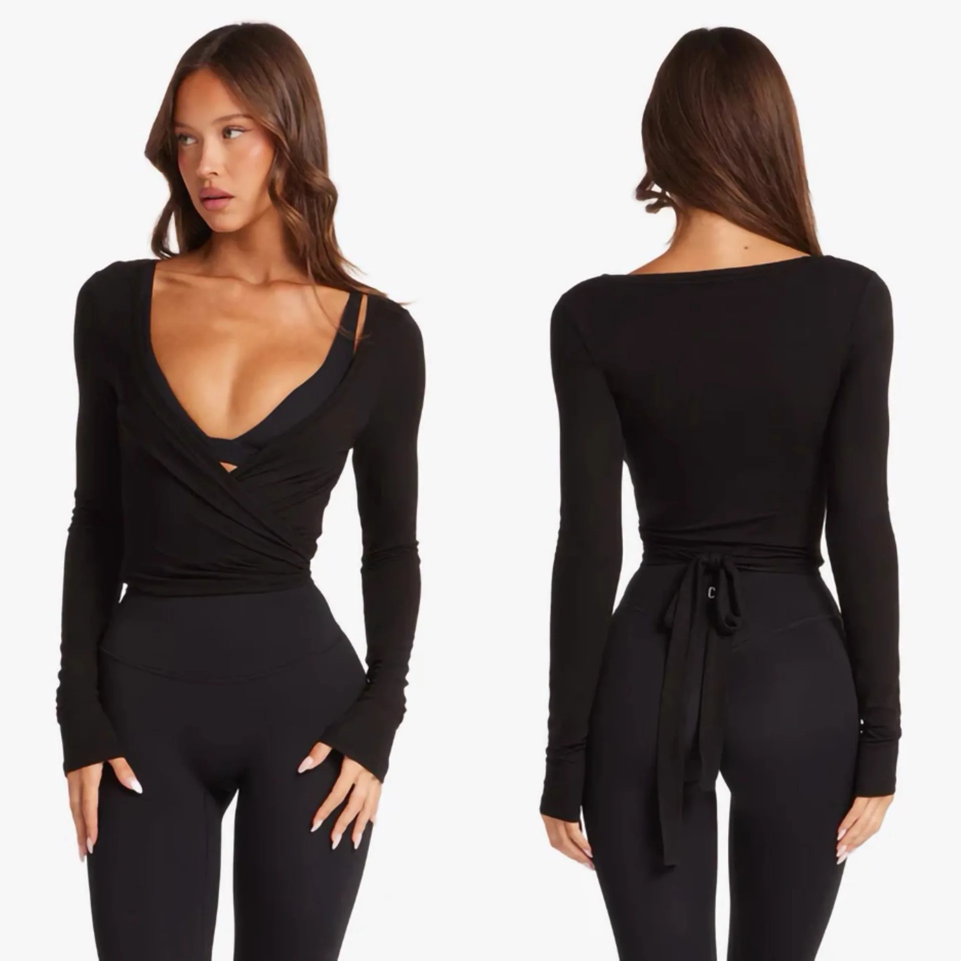 C-B Women Cross Wrap Long Sleeve Yoga Top Deep V Back Tie Crop Shirts Thumb Hole Slim Pilates Workout Cover Sport Blouses