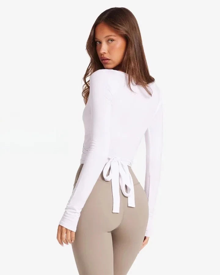 C-B Women Cross Wrap Long Sleeve Yoga Top Deep V Back Tie Crop Shirts Thumb Hole Slim Pilates Workout Cover Sport Blouses