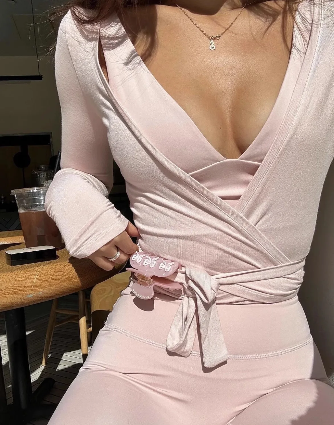 C-B Women Cross Wrap Long Sleeve Yoga Top Deep V Back Tie Crop Shirts Thumb Hole Slim Pilates Workout Cover Sport Blouses