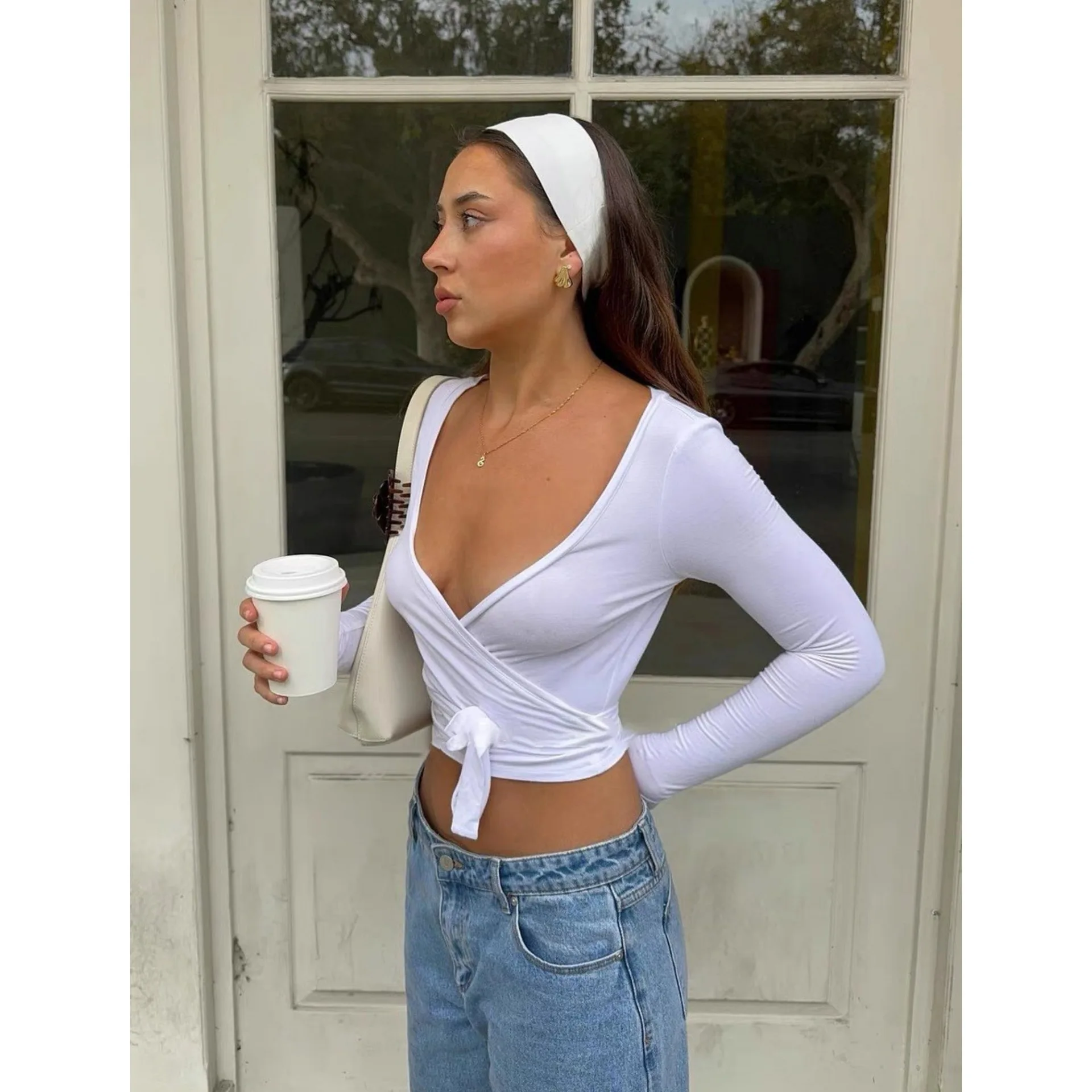 C-B Women Cross Wrap Long Sleeve Yoga Top Deep V Back Tie Crop Shirts Thumb Hole Slim Pilates Workout Cover Sport Blouses