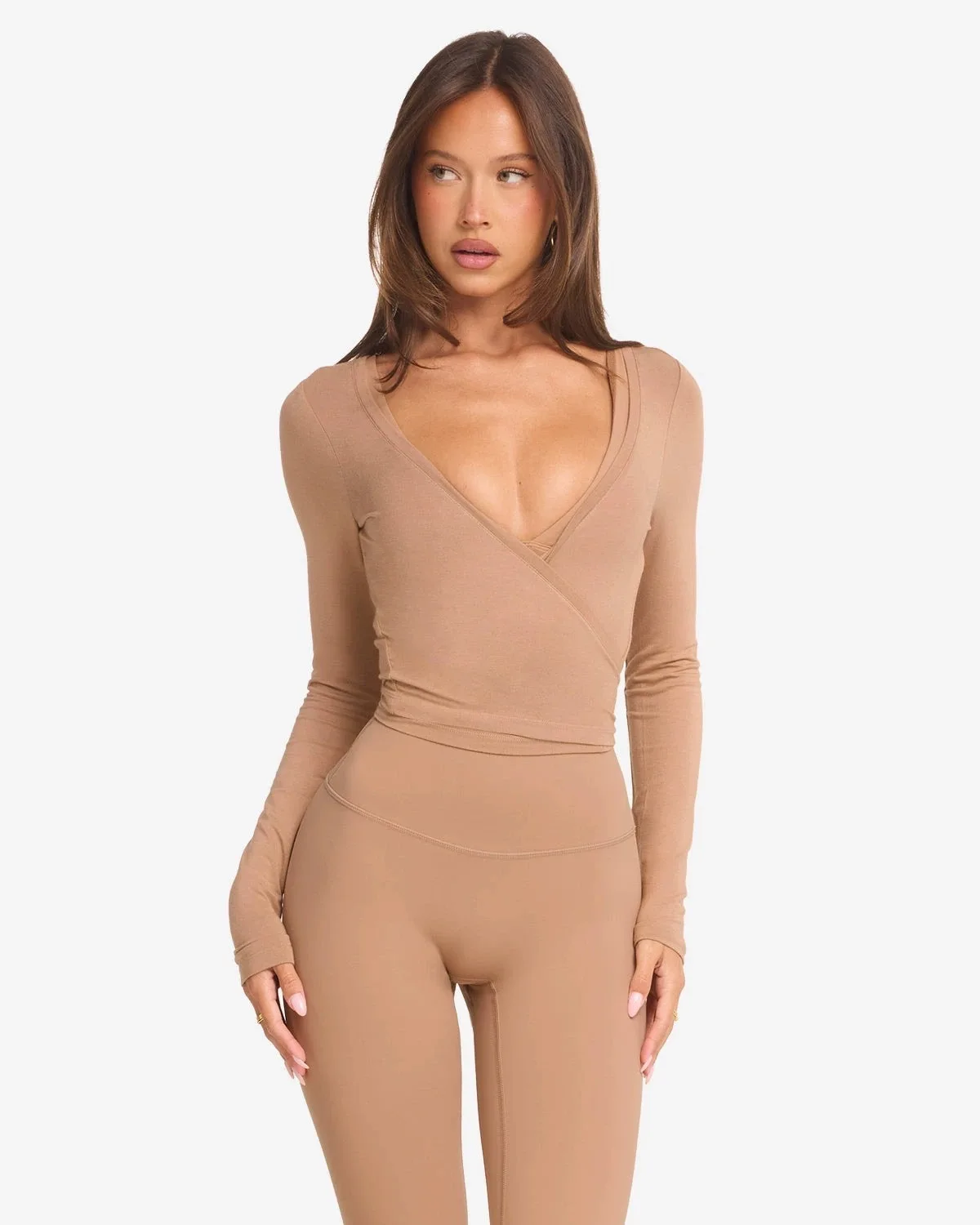 C-B Women Cross Wrap Long Sleeve Yoga Top Deep V Back Tie Crop Shirts Thumb Hole Slim Pilates Workout Cover Sport Blouses