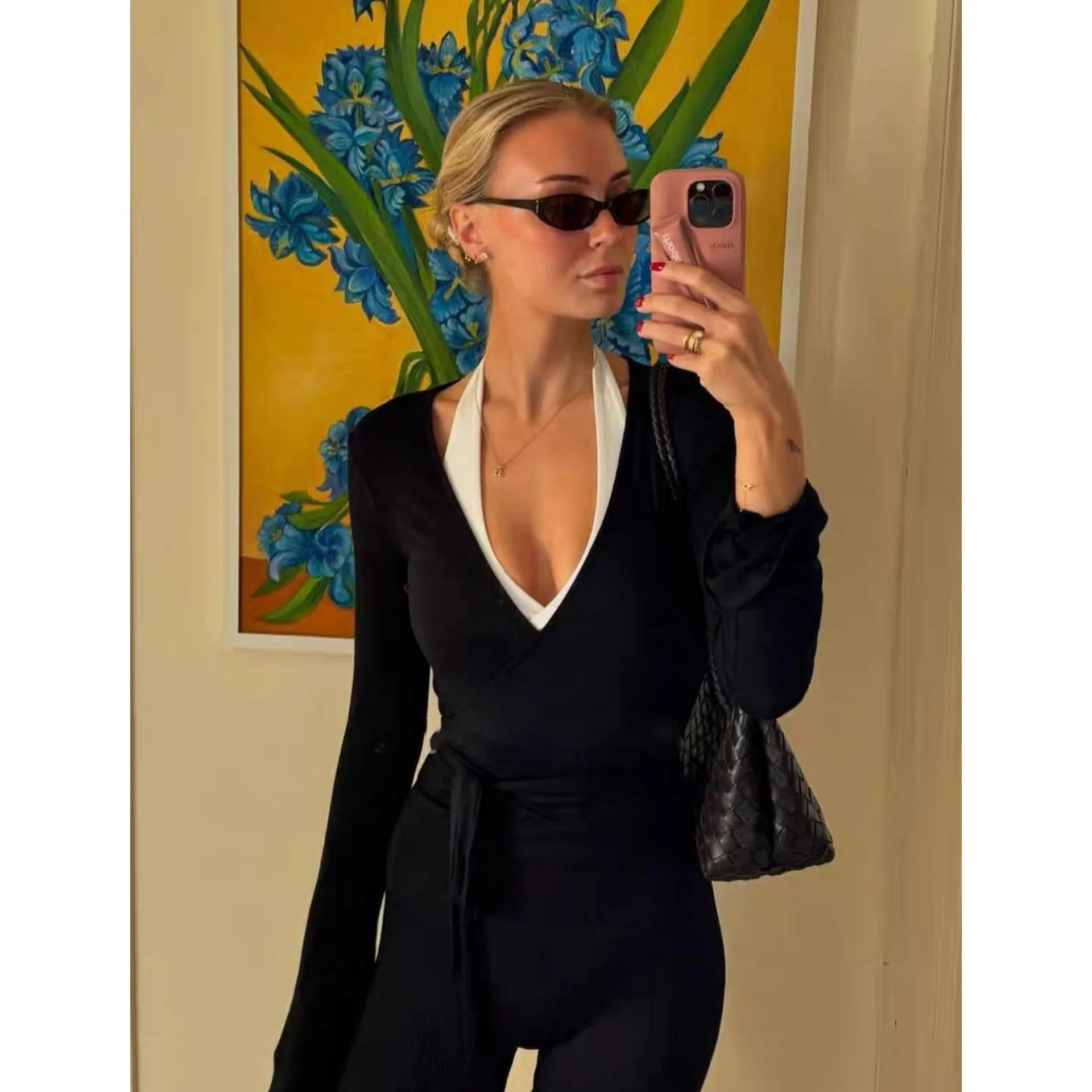 C-B Women Cross Wrap Long Sleeve Yoga Top Deep V Back Tie Crop Shirts Thumb Hole Slim Pilates Workout Cover Sport Blouses