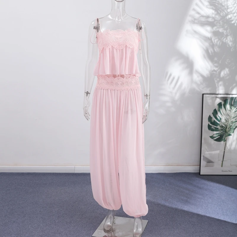 2026 Summer Fashion Square Neck Ruffled Crop Top & Long Pants 2-Piece Set Elegant Boho Resort Vacation Casual 2 Pcs Beach Outfit