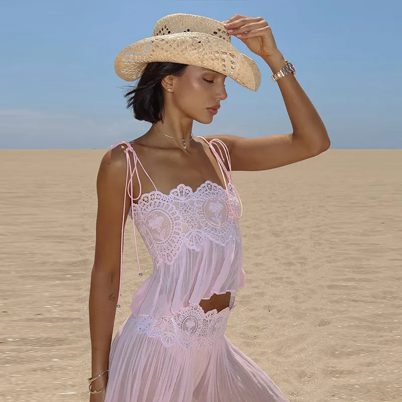 2026 Summer Fashion Square Neck Ruffled Crop Top & Long Pants 2-Piece Set Elegant Boho Resort Vacation Casual 2 Pcs Beach Outfit