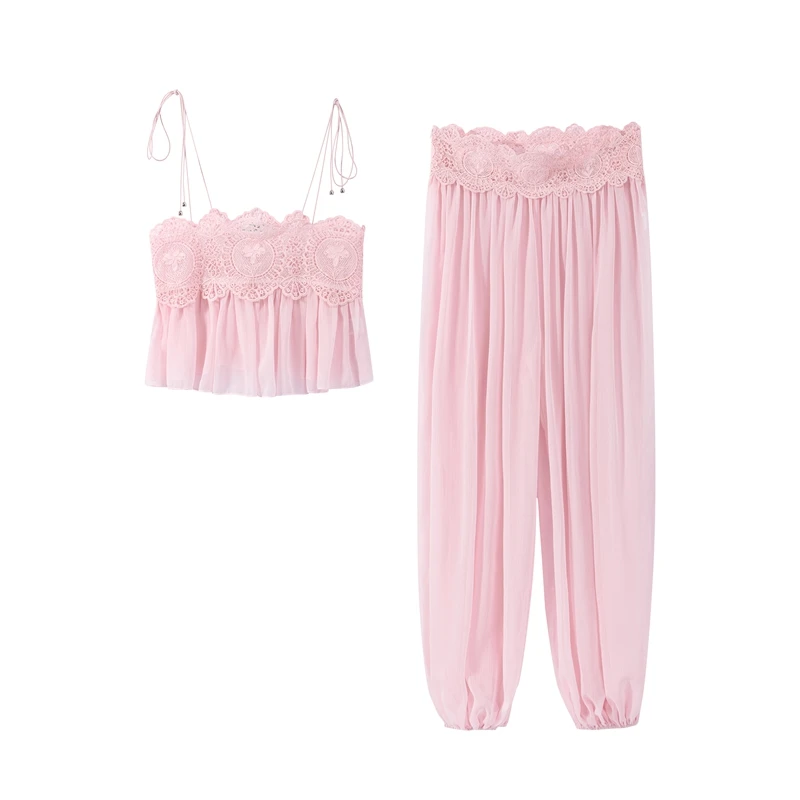 2026 Summer Fashion Square Neck Ruffled Crop Top & Long Pants 2-Piece Set Elegant Boho Resort Vacation Casual 2 Pcs Beach Outfit