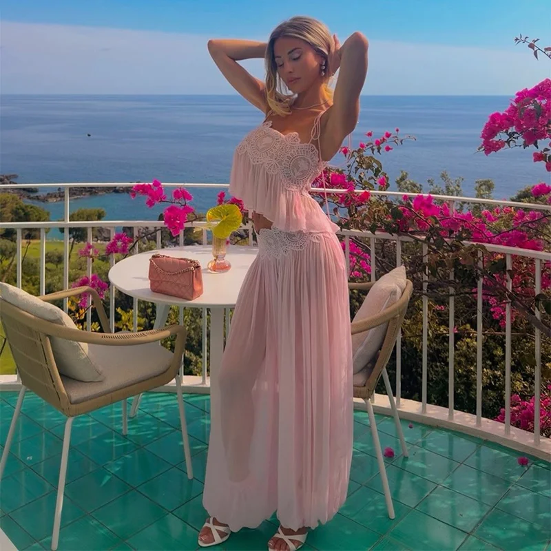 2026 Summer Fashion Square Neck Ruffled Crop Top & Long Pants 2-Piece Set Elegant Boho Resort Vacation Casual 2 Pcs Beach Outfit