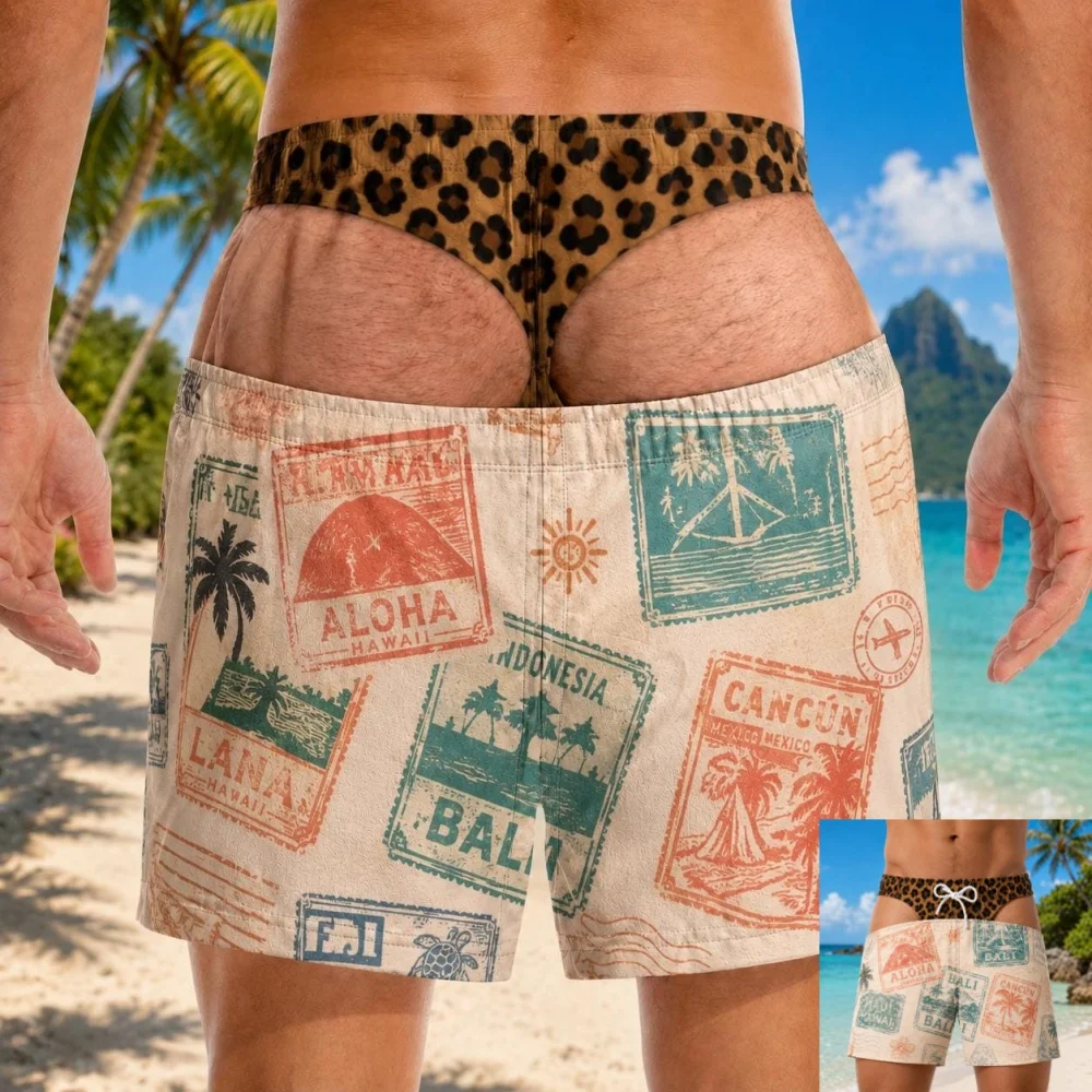 Funny Men Swim Trunks Blue Stripe Pattern Fake Buttock Swim Trunks for Men Beach Shorts Hawaii Theme Style Beach Shorts Fun Gift