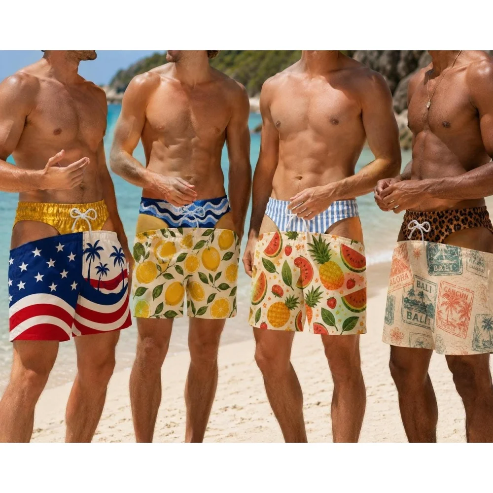 Funny Men Swim Trunks Blue Stripe Pattern Fake Buttock Swim Trunks for Men Beach Shorts Hawaii Theme Style Beach Shorts Fun Gift