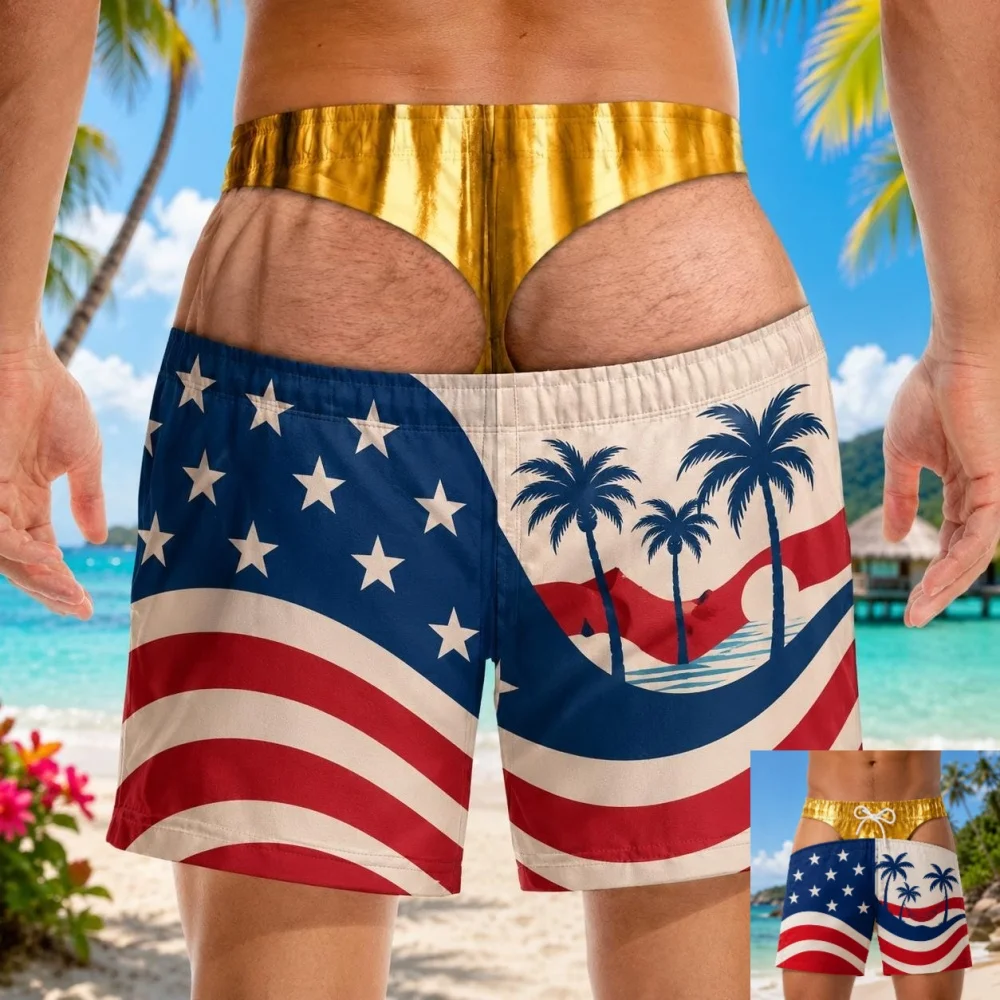 Funny Men Swim Trunks Blue Stripe Pattern Fake Buttock Swim Trunks for Men Beach Shorts Hawaii Theme Style Beach Shorts Fun Gift