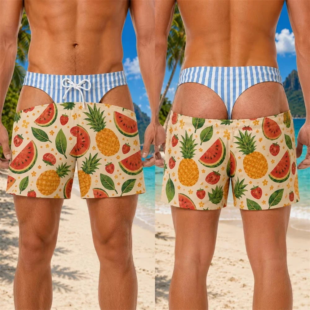 Funny Men Swim Trunks Blue Stripe Pattern Fake Buttock Swim Trunks for Men Beach Shorts Hawaii Theme Style Beach Shorts Fun Gift