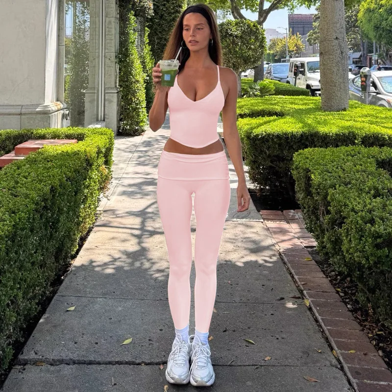 C-B V-Neck Halter Yoga Vest with Folded Waist, Nude-Feel Shorts & Leggings, Perfect for Gym Workouts, Women's Sportswear Set