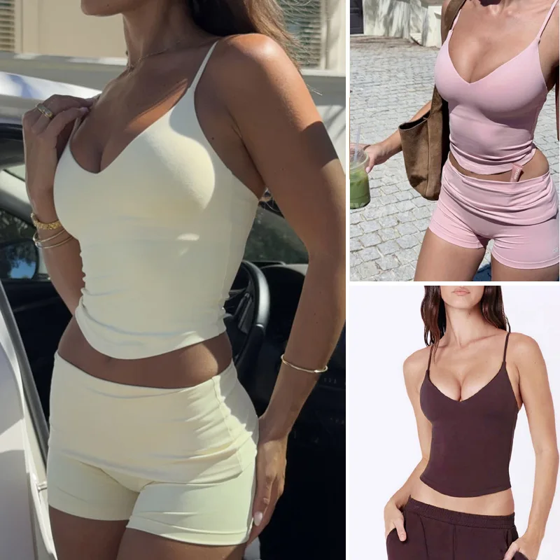 C-B V-Neck Halter Yoga Vest with Folded Waist, Nude-Feel Shorts & Leggings, Perfect for Gym Workouts, Women's Sportswear Set