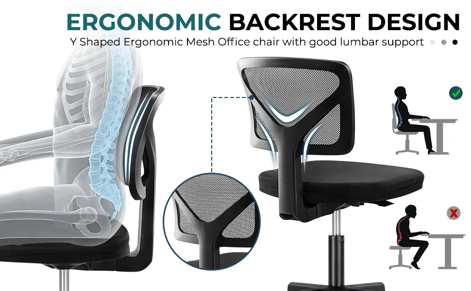 JHK Mesh with Lumbar Support Armless Office Chair Low Back with Wheels Adjustable Height 360° Rolling Swivel Computer Chair