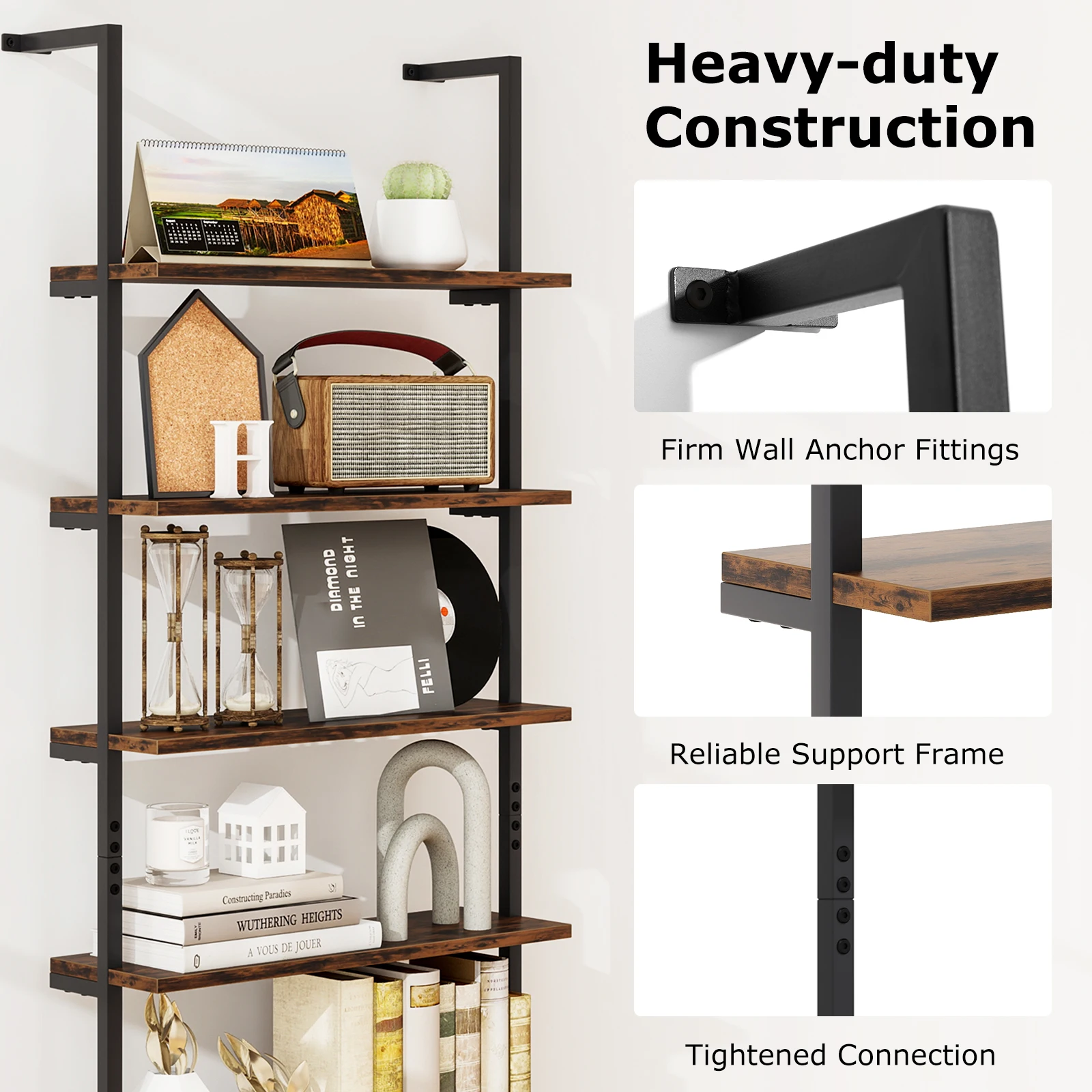 6-tier Ladder Shelf 72 Inches Industrial Wall Mounted Bookshelf Oak