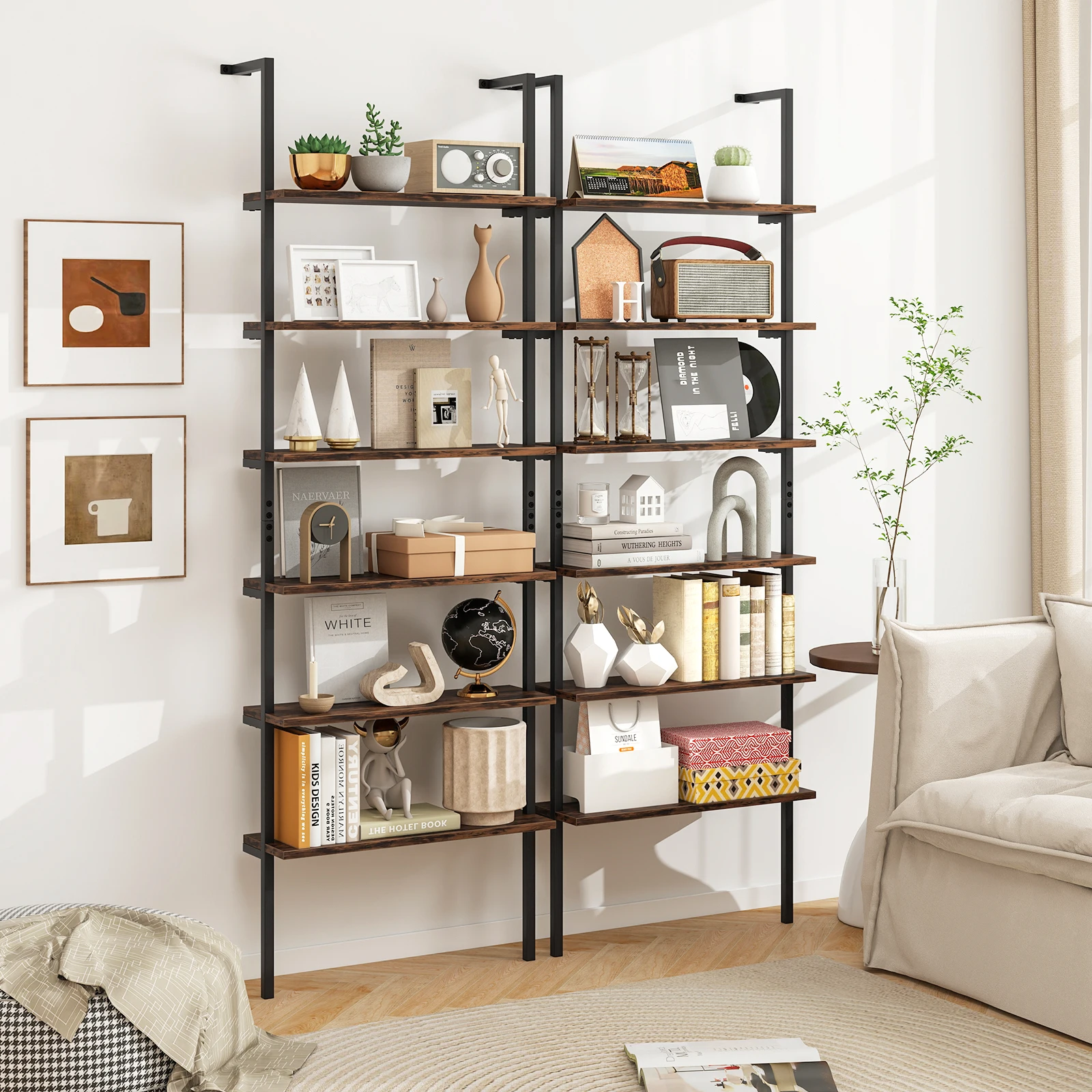 6-tier Ladder Shelf 72 Inches Industrial Wall Mounted Bookshelf Oak