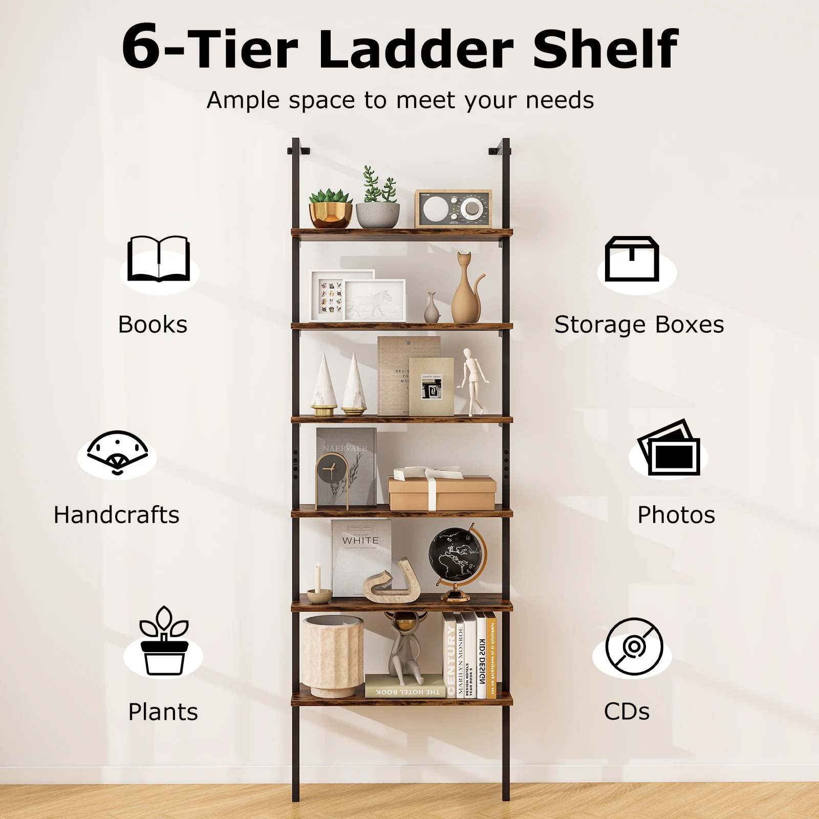 6-tier Ladder Shelf 72 Inches Industrial Wall Mounted Bookshelf Oak