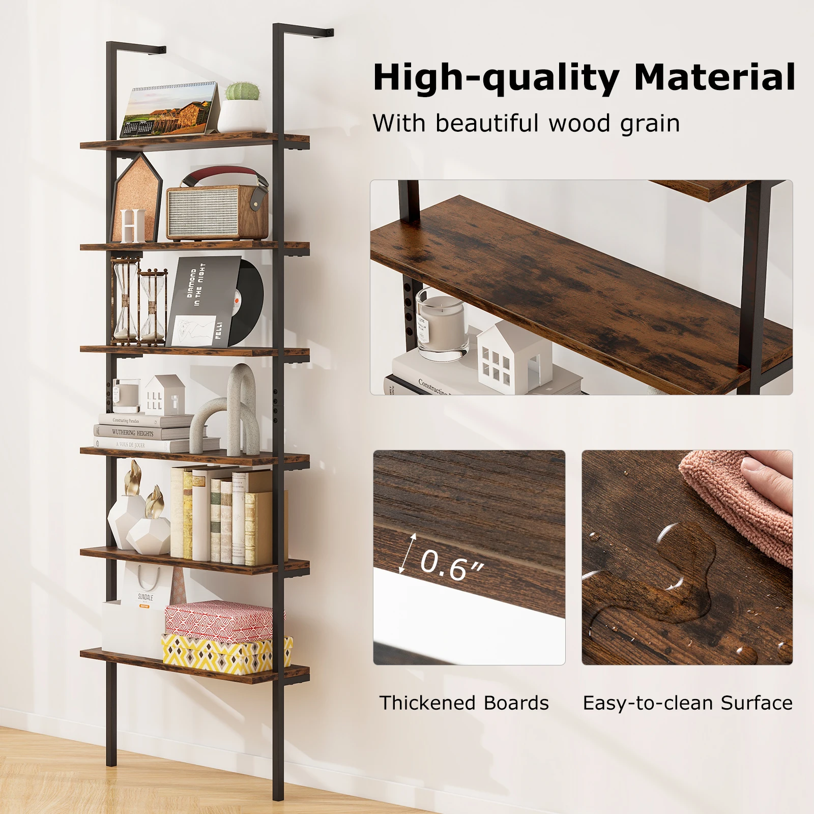 6-tier Ladder Shelf 72 Inches Industrial Wall Mounted Bookshelf Oak