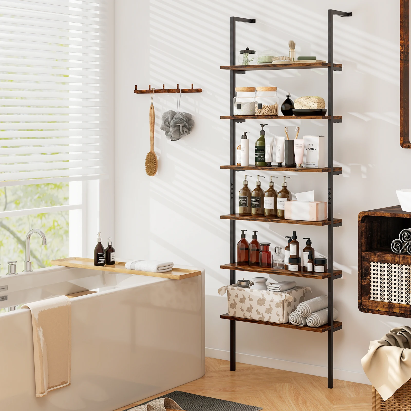 6-tier Ladder Shelf 72 Inches Industrial Wall Mounted Bookshelf Oak