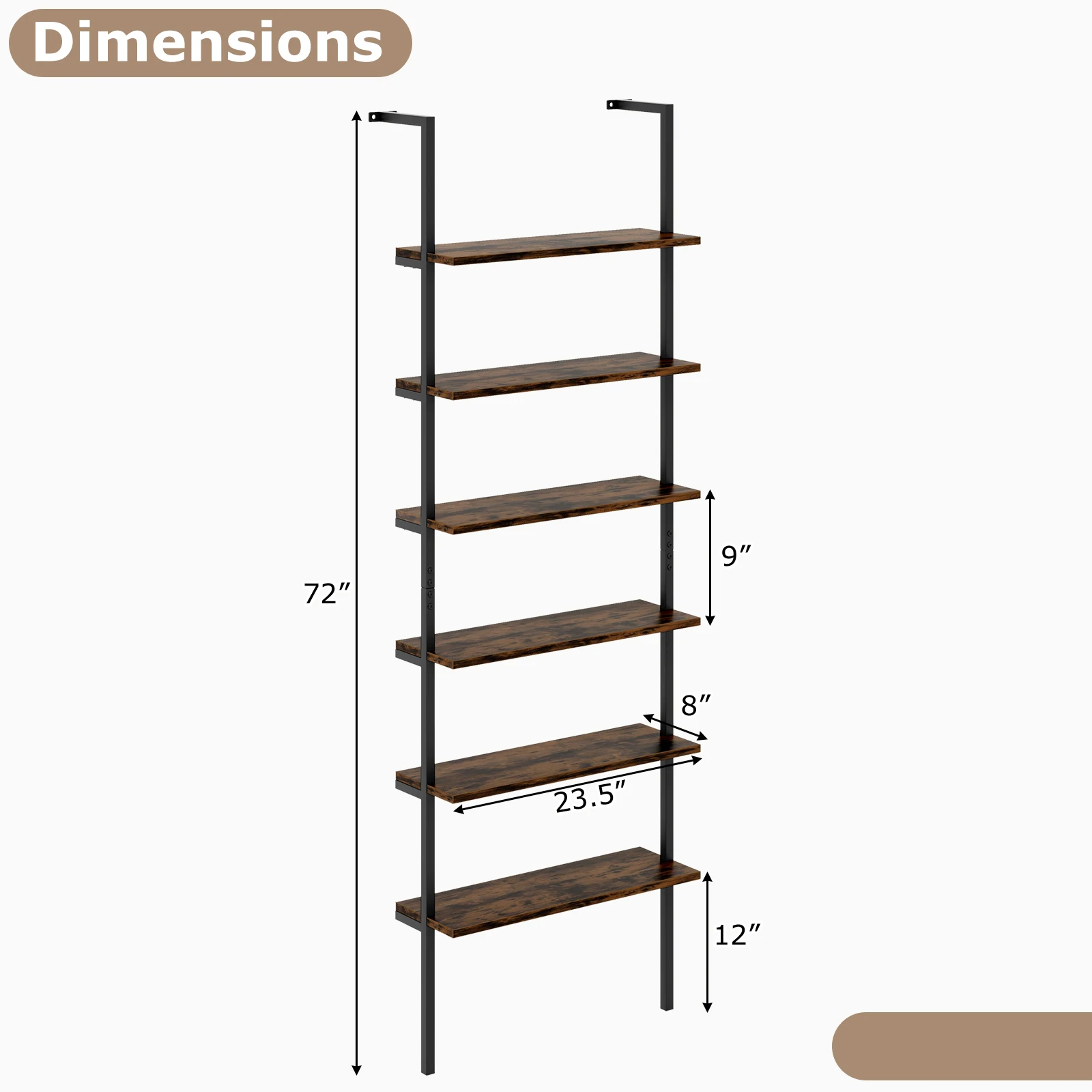 6-tier Ladder Shelf 72 Inches Industrial Wall Mounted Bookshelf Oak