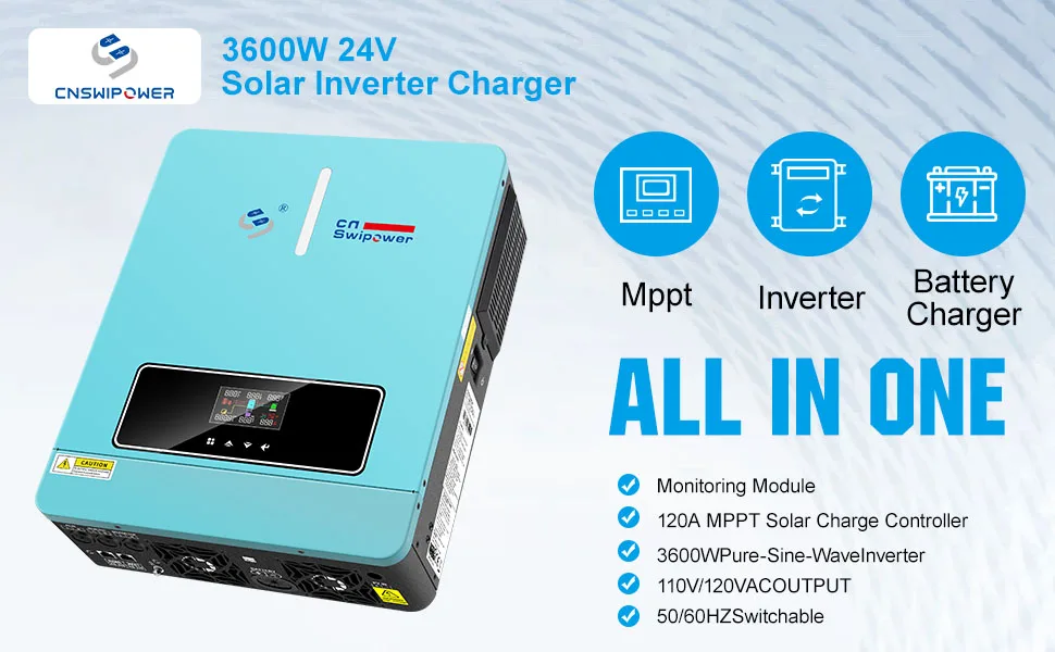 SWIPOWER 4000VA 3600W Hybrid Solar Inverter 120A MPPT Charger 24VDC to 120VAC PV（60~450VDC）