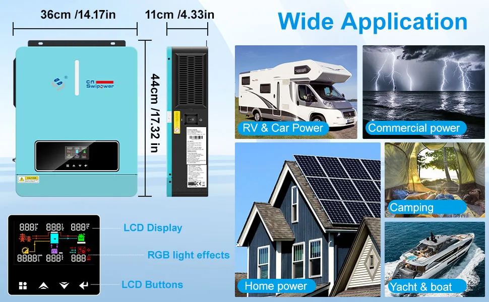 SWIPOWER 4000VA 3600W Hybrid Solar Inverter 120A MPPT Charger 24VDC to 120VAC PV（60~450VDC）