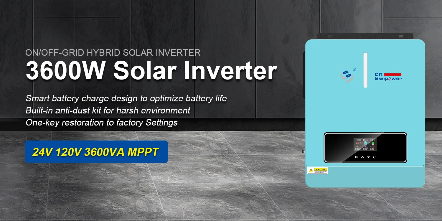 SWIPOWER 4000VA 3600W Hybrid Solar Inverter 120A MPPT Charger 24VDC to 120VAC PV（60~450VDC）