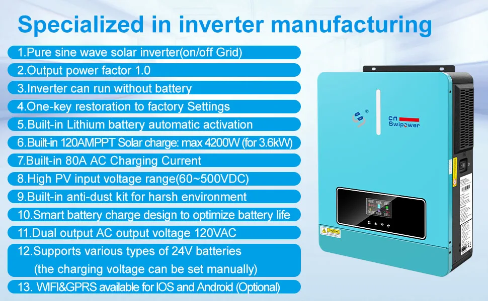 SWIPOWER 4000VA 3600W Hybrid Solar Inverter 120A MPPT Charger 24VDC to 120VAC PV（60~450VDC）