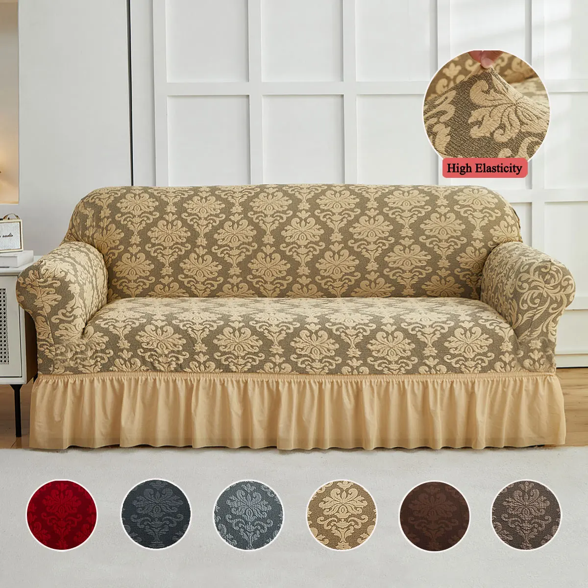 XM-Luvetoria 1pc European Jacquard Non-slip Sofa Slipcover with Skirt Relief Embossed Sofa Covers For Bedroom Office Living Room Home Decor