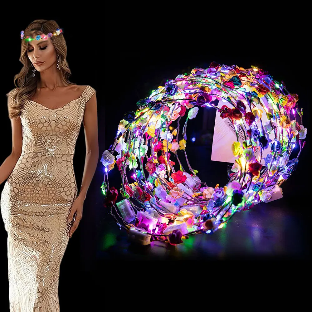 30pcs Paper Rose Wreath Set LED Light-Up Headbands, Party Wreaths, Suitable for Glow-in-the-Dark Wedding Party Hair Accessories