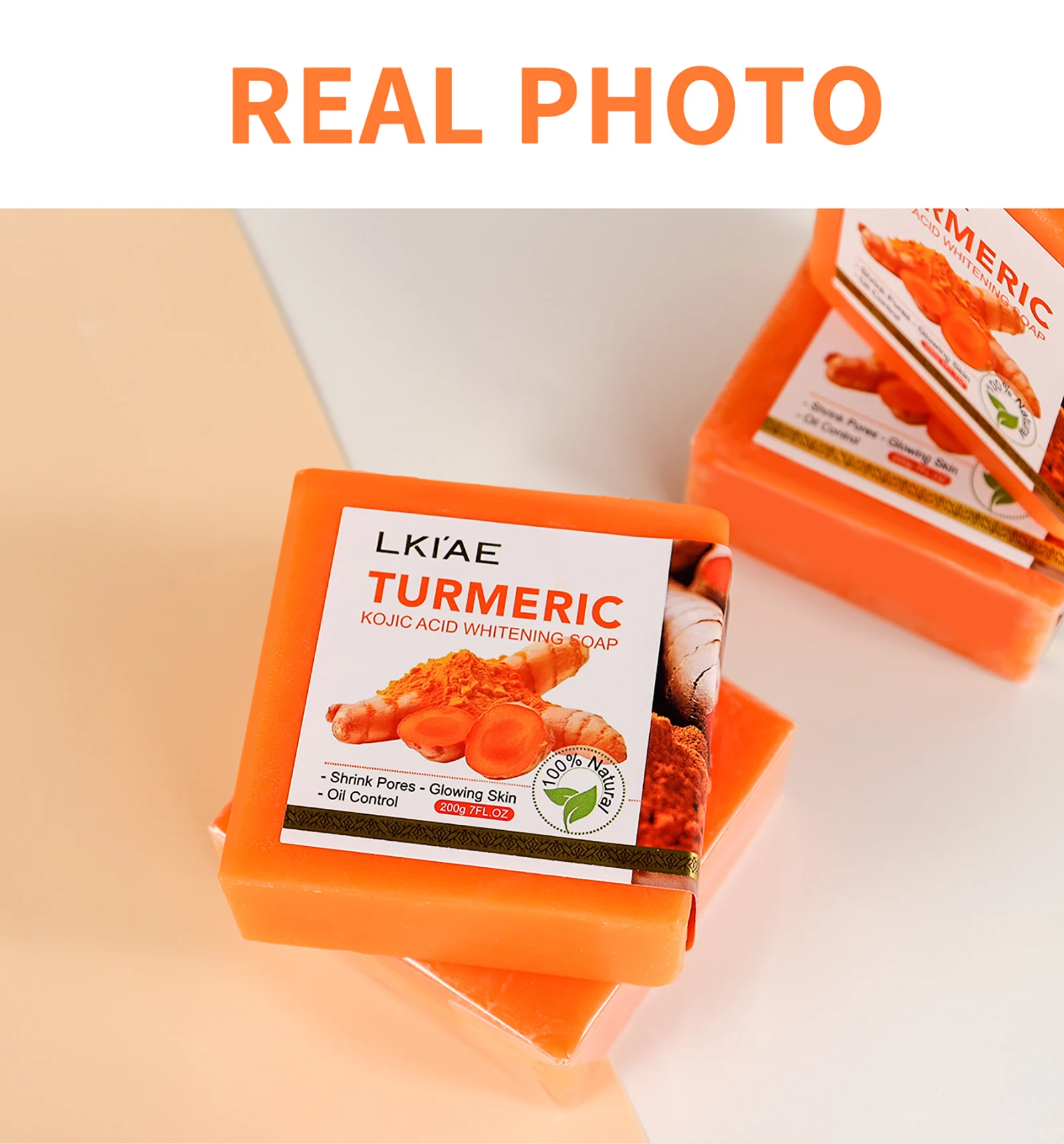 LKIAE Organic Turmeric Soap, Handmade, Whitening, for All Skin Types, Remove Black Spots, Melanin, Acne, For Face, Body, 200g