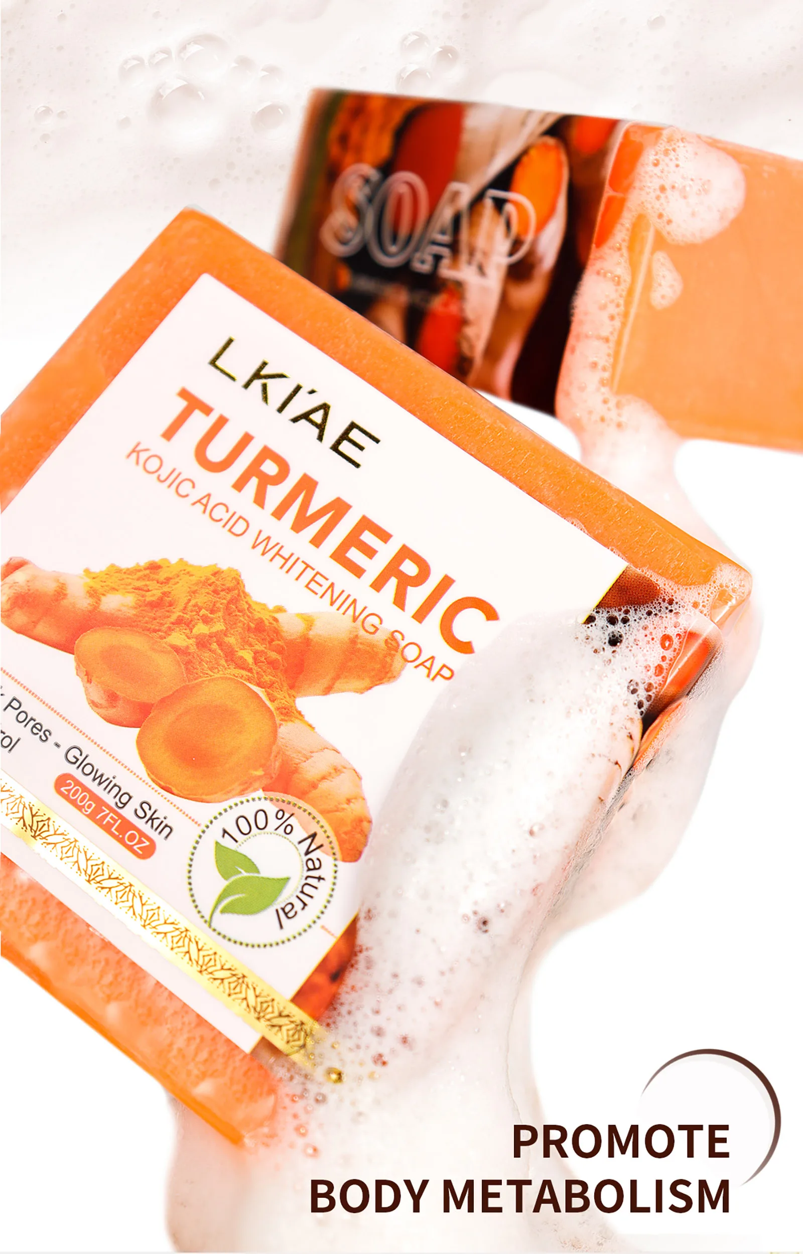 LKIAE Organic Turmeric Soap, Handmade, Whitening, for All Skin Types, Remove Black Spots, Melanin, Acne, For Face, Body, 200g