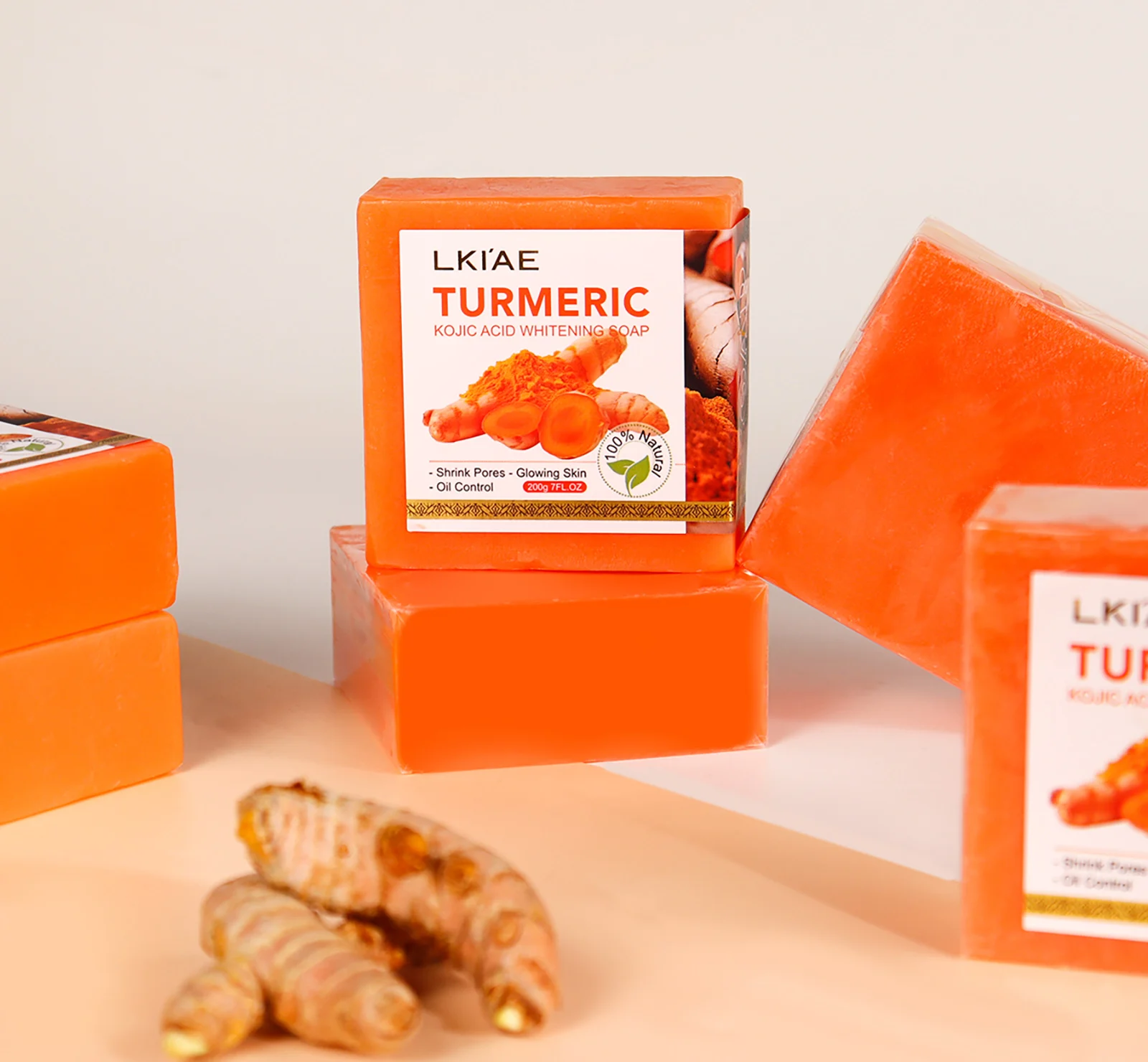 LKIAE Organic Turmeric Soap, Handmade, Whitening, for All Skin Types, Remove Black Spots, Melanin, Acne, For Face, Body, 200g
