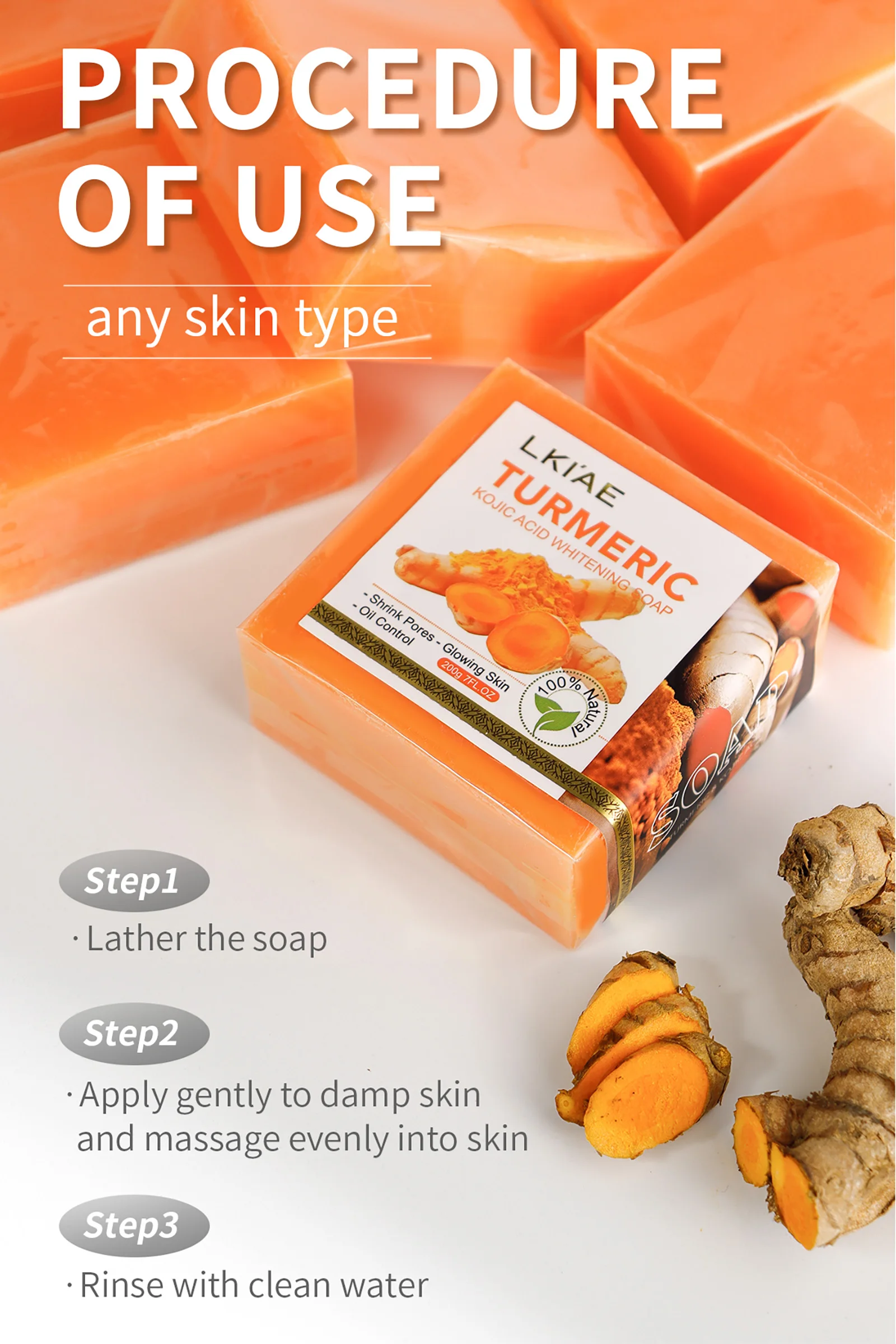 LKIAE Organic Turmeric Soap, Handmade, Whitening, for All Skin Types, Remove Black Spots, Melanin, Acne, For Face, Body, 200g