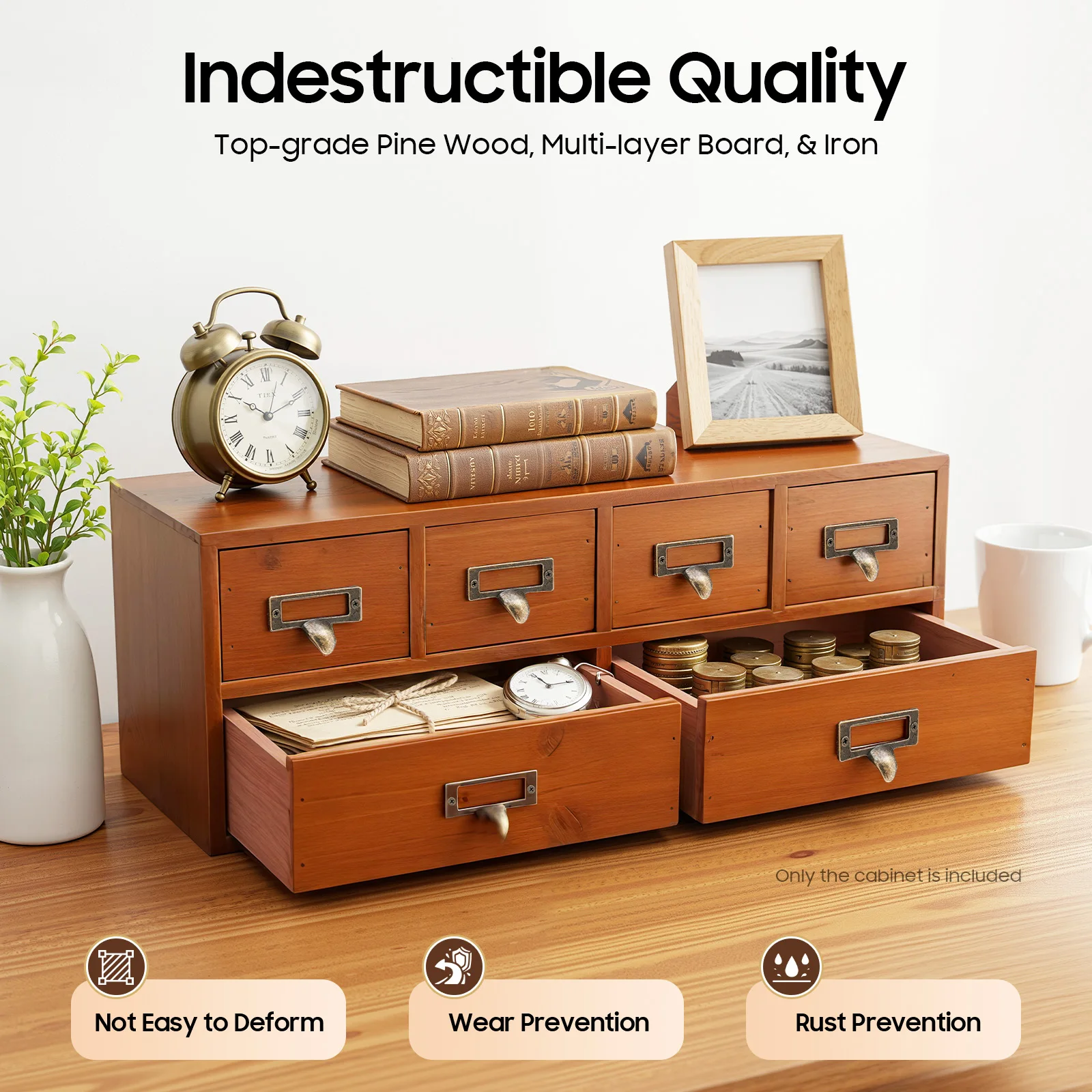 Vintage Wooden 6-Drawer Apothecary Cabinet, Desktop Organizer for Medicine, Jewelry, Tea Collection in Library Catalog Style