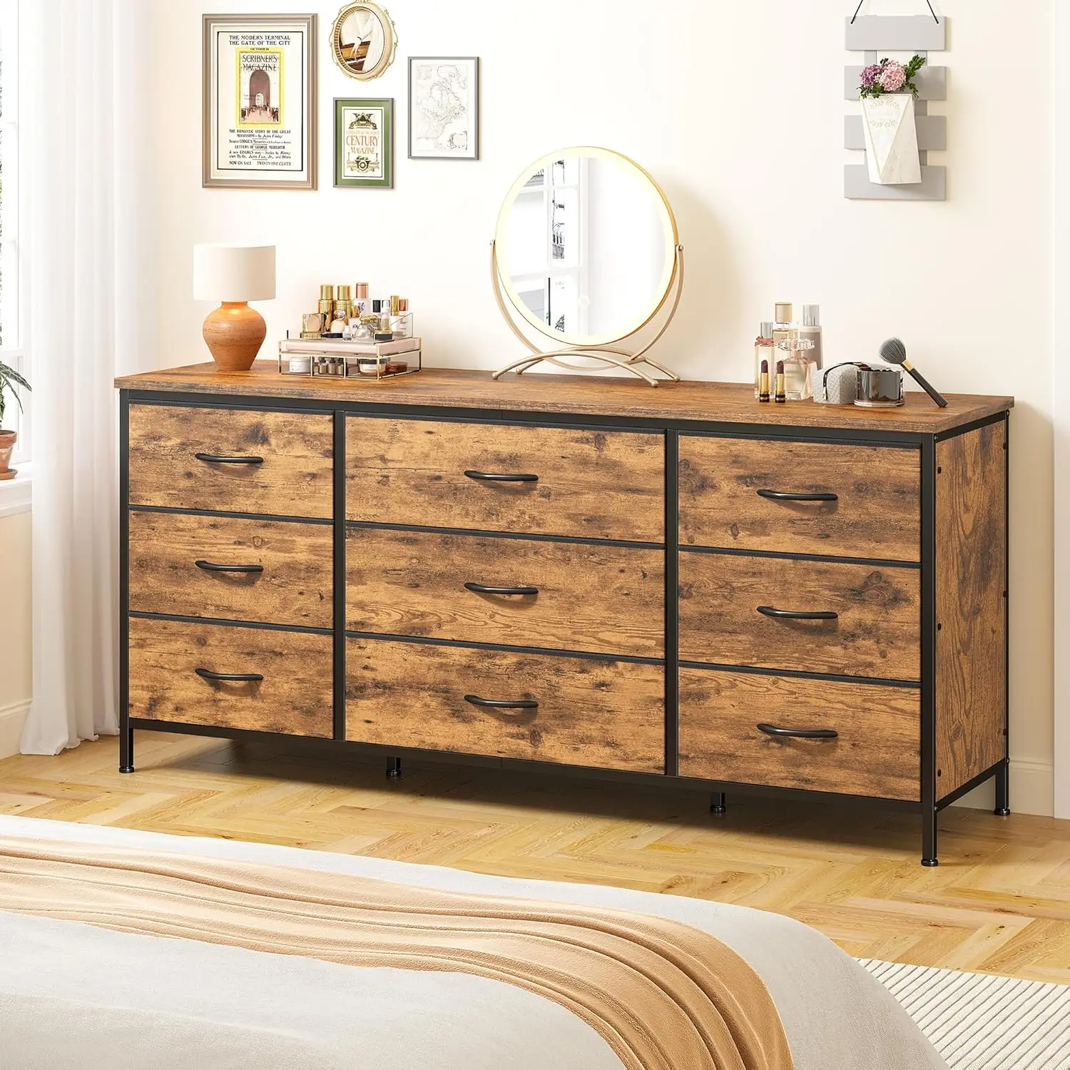 TV Stand with 9 Wide Drawer Dresser, 47 inch Long Dresser for Bedroom, Sturdy Metal Frame, Hallway, Entryway,Customized