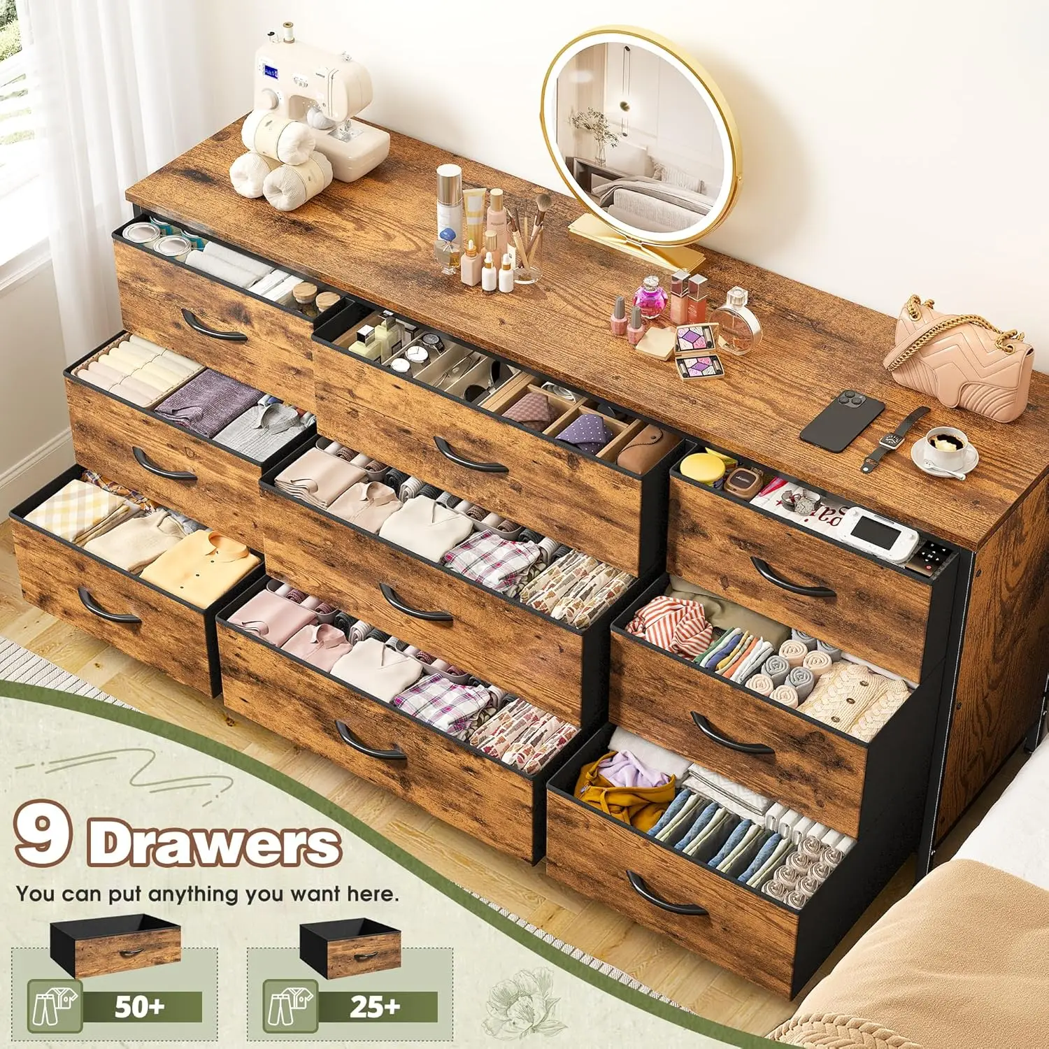 TV Stand with 9 Wide Drawer Dresser, 47 inch Long Dresser for Bedroom, Sturdy Metal Frame, Hallway, Entryway,Customized