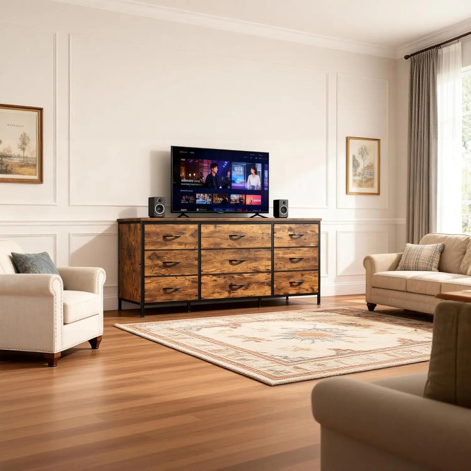 TV Stand with 9 Wide Drawer Dresser, 47 inch Long Dresser for Bedroom, Sturdy Metal Frame, Hallway, Entryway,Customized