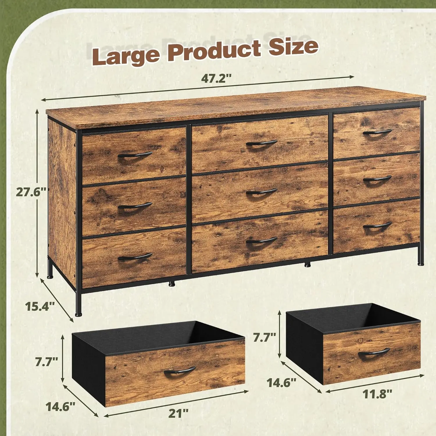 TV Stand with 9 Wide Drawer Dresser, 47 inch Long Dresser for Bedroom, Sturdy Metal Frame, Hallway, Entryway,Customized