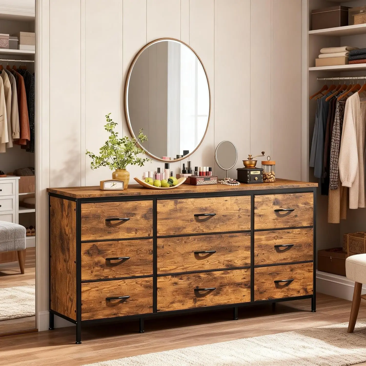 TV Stand with 9 Wide Drawer Dresser, 47 inch Long Dresser for Bedroom, Sturdy Metal Frame, Hallway, Entryway,Customized